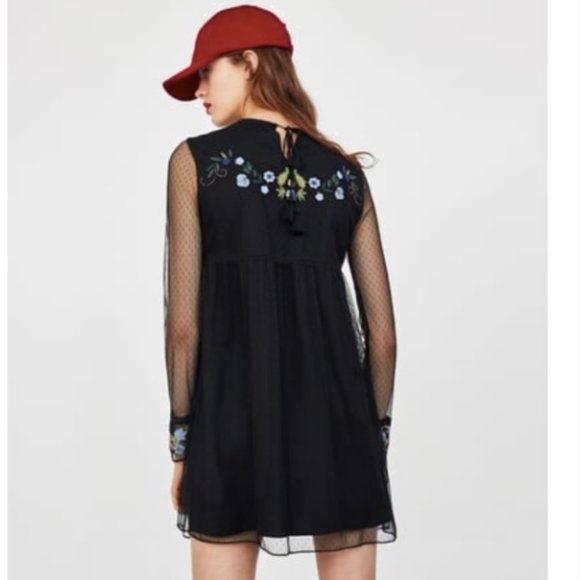 ZARA Plumetis Floral Camel Embroidered Black Mesh Mini Dress size M - Picture 2 of 12